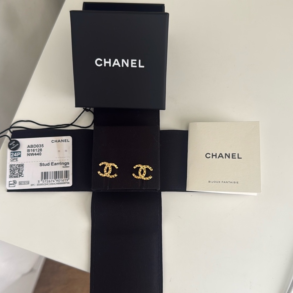 CHANEL Gold Logo Stud Earrings